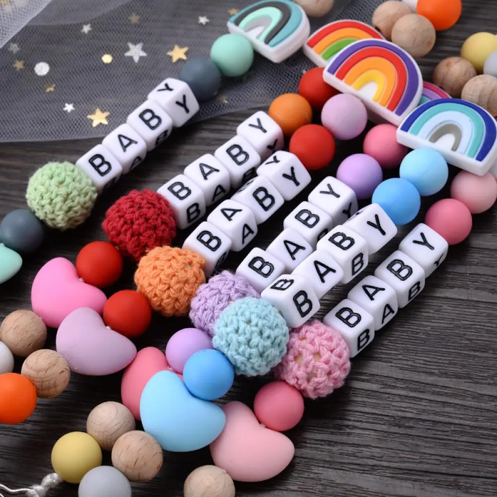 Personalize Name Pacifier Clips Holder Baby Silicone Rainbow Pacifier Holder Chain Baby Handmade Dummy Clips Teether Gift Custom