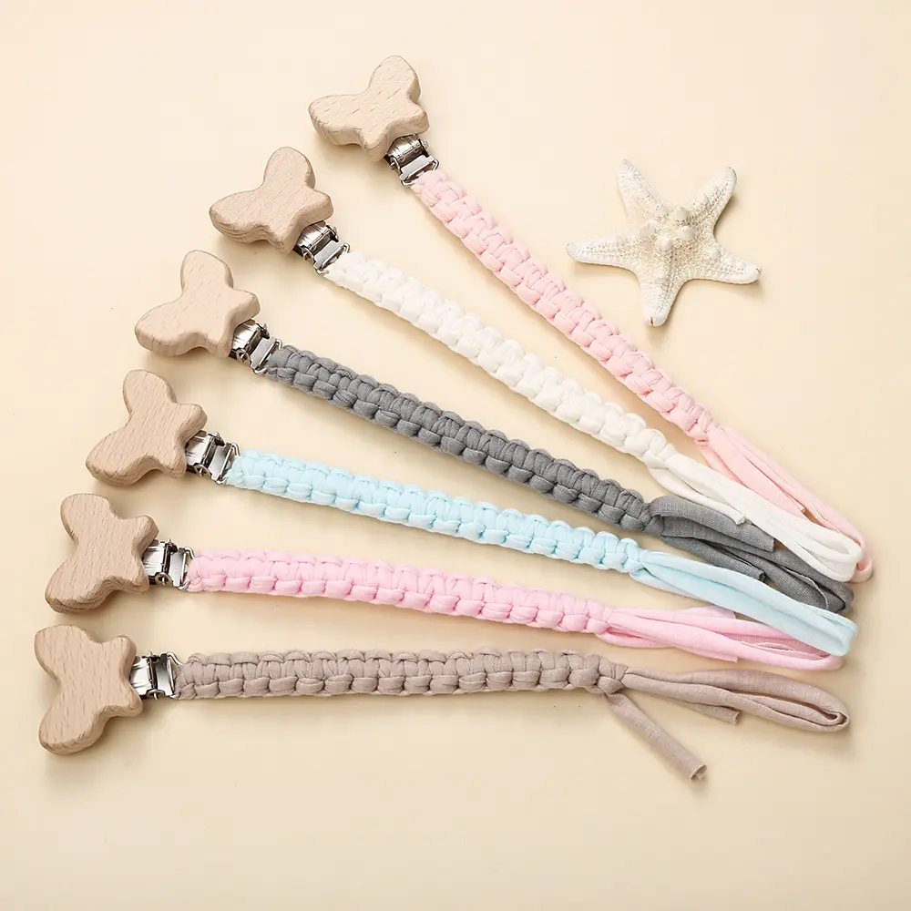 Custom Name Wood Baby Pacifier Clips Weave Cotton Nipple Chain Baby Soother Dummy Holder Clip Chain For Baby Nursing Chew Toys