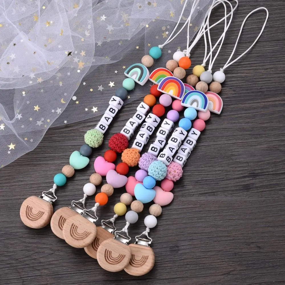 Personalize Name Pacifier Clips Holder Baby Silicone Rainbow Pacifier Holder Chain Baby Handmade Dummy Clips Teether Gift Custom