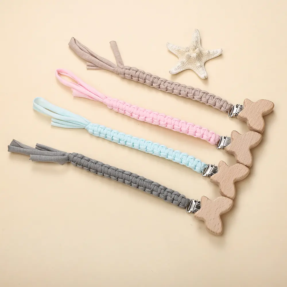 Custom Name Wood Baby Pacifier Clips Weave Cotton Nipple Chain Baby Soother Dummy Holder Clip Chain For Baby Nursing Chew Toys