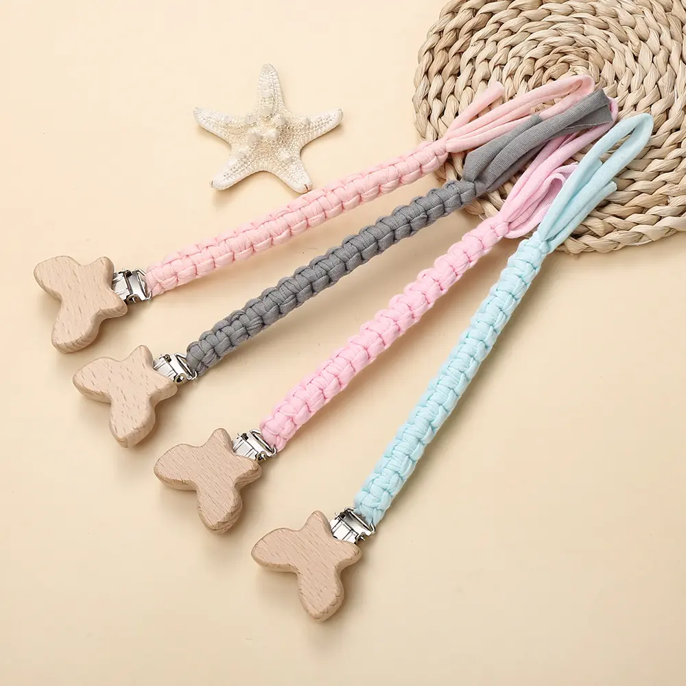 Custom Name Wood Baby Pacifier Clips Weave Cotton Nipple Chain Baby Soother Dummy Holder Clip Chain For Baby Nursing Chew Toys