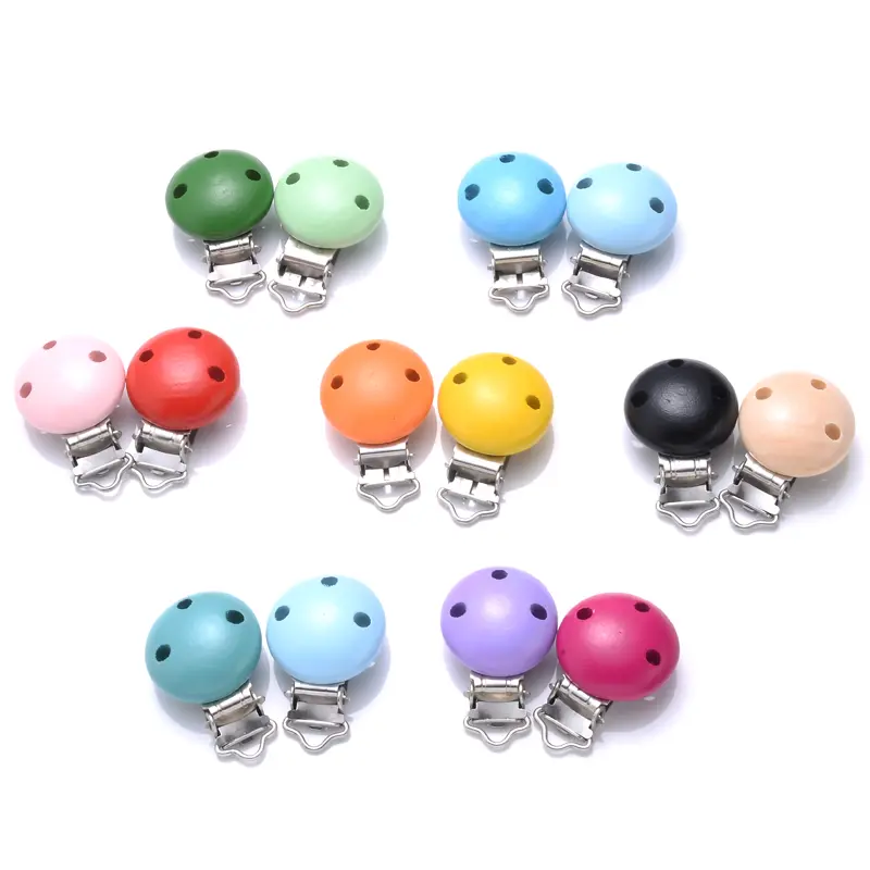 10Pcs/Lot Round Colorful Baby Pacifier Clip Wood Teether Clip For Baby Safe Teething Jewelry DIY Pacifier Chain Nipple Chain