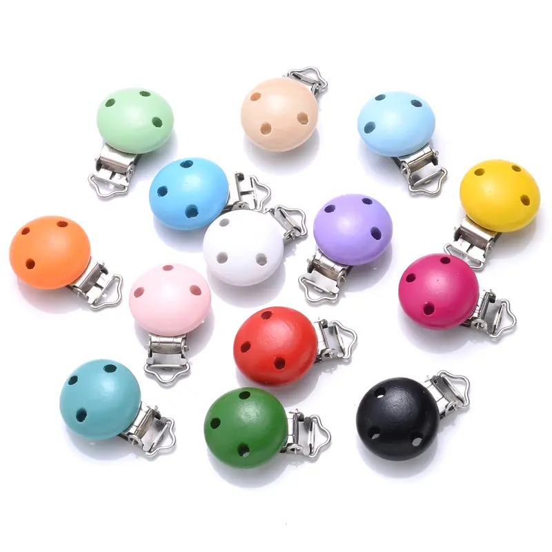 10Pcs/Lot Round Colorful Baby Pacifier Clip Wood Teether Clip For Baby Safe Teething Jewelry DIY Pacifier Chain Nipple Chain