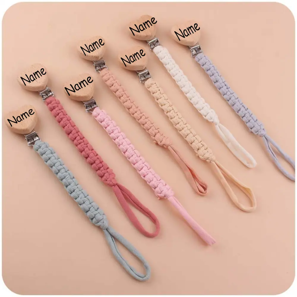 Personalized Baby Braid Weave Pacifier Chain Wooden Bead Custom Name Nipple Dummy Clip Engraved Infant Pacifier Holder Baby Gift