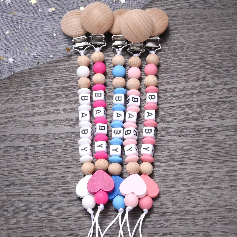 Baby Personalized Name Wood Nipple Holder Clip Pacifier Teething Chew Toy Food Grade Infant Teether Dummy Chain Shower Gift