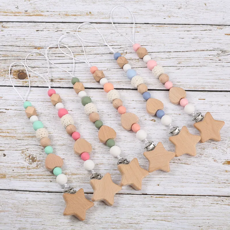 Wooden Pentagram Baby Pacifier Holder Clip Wood Crochet Bead Silicone Soother Teething Chain Nursing Chew Toy Baby Dummy Chain