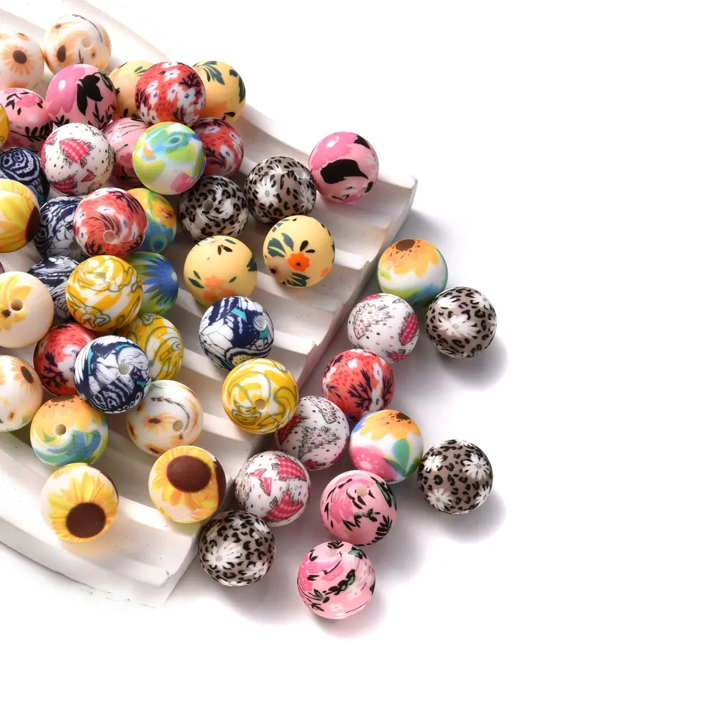 10Pcs Printed Silicone Round Beads Food Grade Baby Teether Bead DIY Nursing Teething Toys Gift Necklace Nipple Chain Pendant