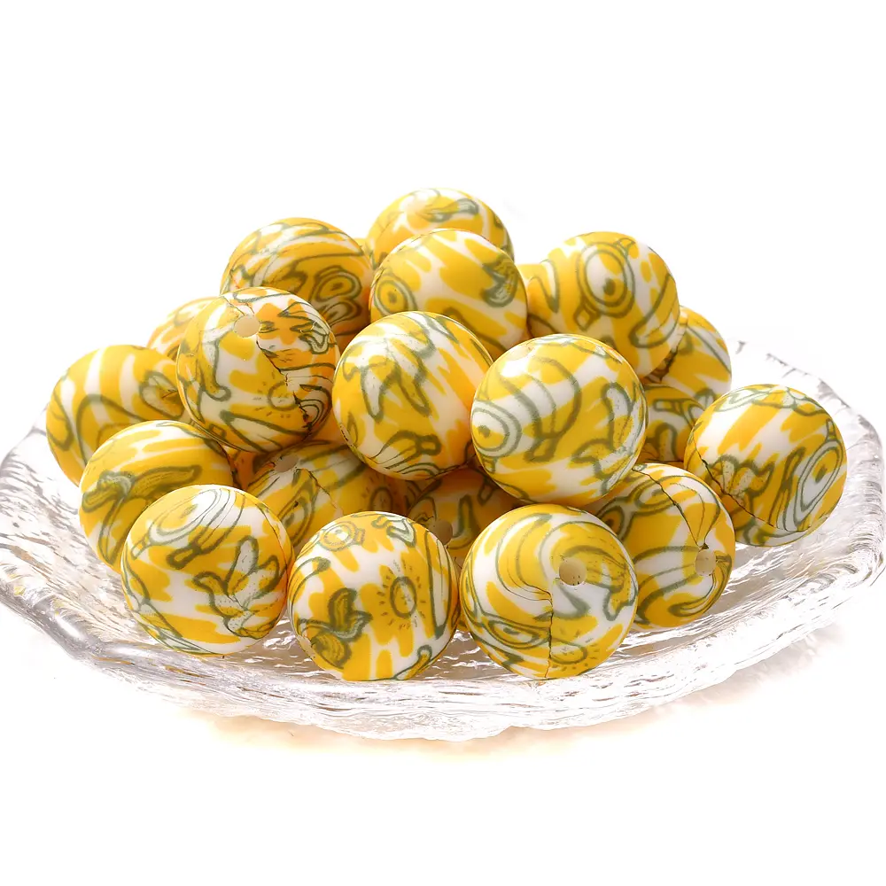 10Pcs Printed Silicone Round Beads Food Grade Baby Teether Bead DIY Nursing Teething Toys Gift Necklace Nipple Chain Pendant