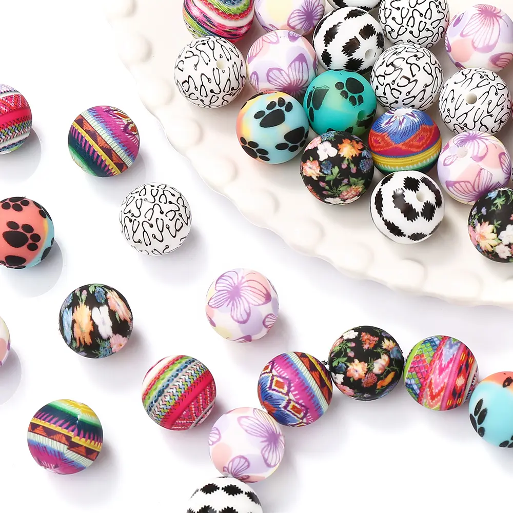 10Pcs Cartoon Pow Print 15mm Round Silicone Teether Beads Food Grade Teething Infant Chewable Necklace Pacifier Gift Accessories