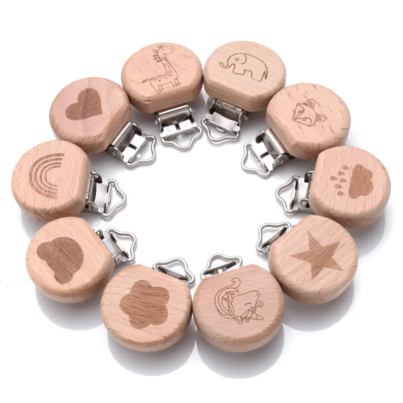 5Pcs/Lot Baby Beech Wood Pacifier Clips For Baby Chew Feeding Accessory Wooden Dummy Clip DIY Nipple Chain Holder Teething Chain