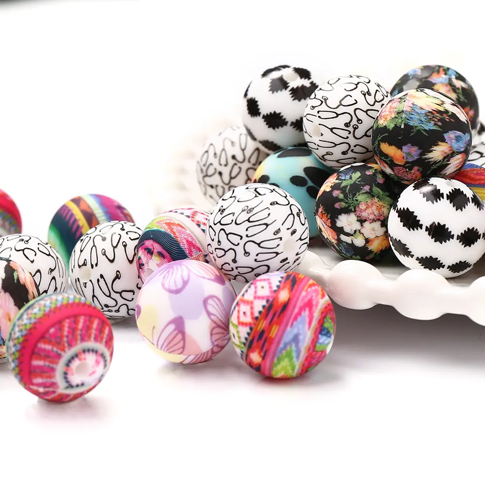 10Pcs Cartoon Pow Print 15mm Round Silicone Teether Beads Food Grade Teething Infant Chewable Necklace Pacifier Gift Accessories