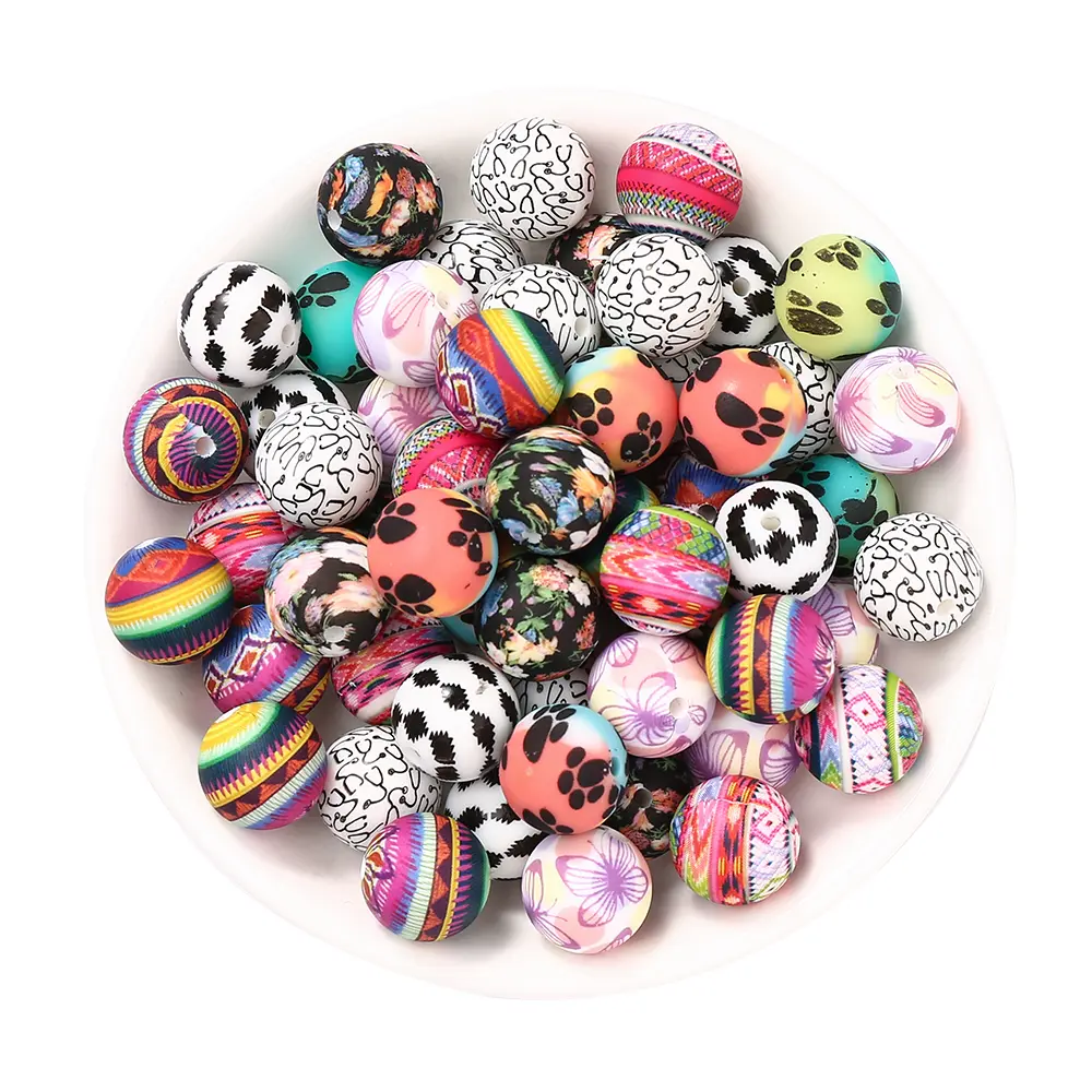 10Pcs Cartoon Pow Print 15mm Round Silicone Teether Beads Food Grade Teething Infant Chewable Necklace Pacifier Gift Accessories