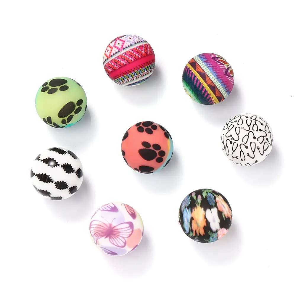 10Pcs Cartoon Pow Print 15mm Round Silicone Teether Beads Food Grade Teething Infant Chewable Necklace Pacifier Gift Accessories
