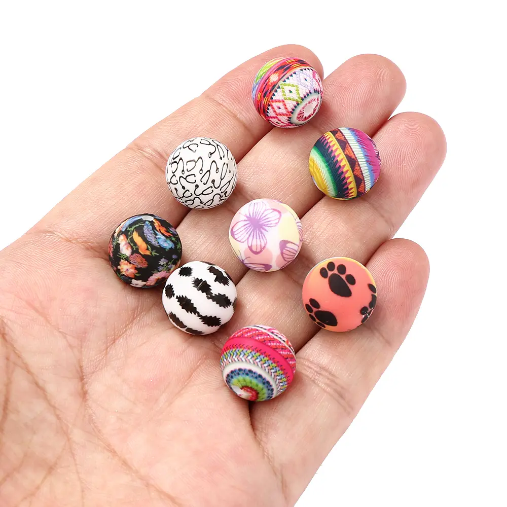 10Pcs Cartoon Pow Print 15mm Round Silicone Teether Beads Food Grade Teething Infant Chewable Necklace Pacifier Gift Accessories