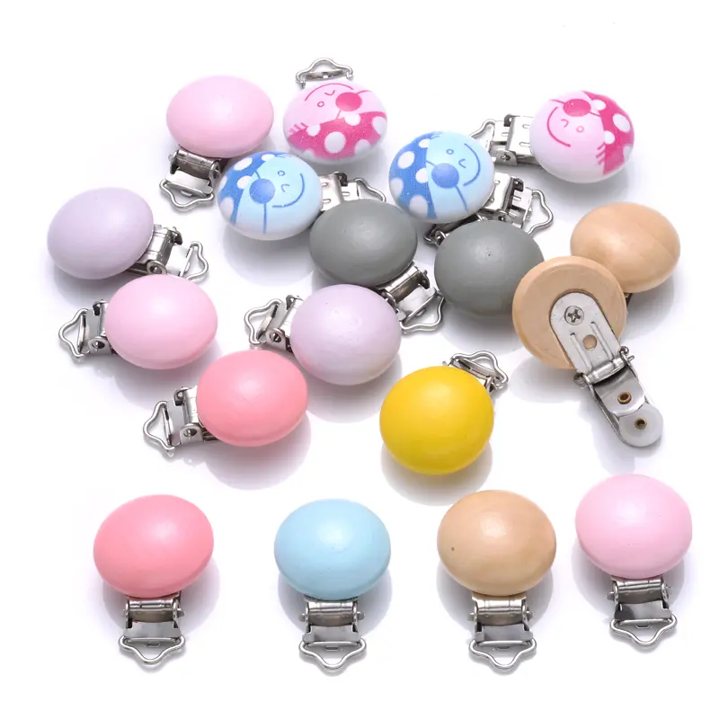 10pcs Wooden Pacifier Clip DIY Baby Pacifier Chain Care Toys Round Teething Clip Holder For Infant Nipple Chain Accessory Making