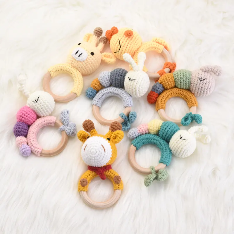 1Pcs Crochet Cartoon Animal Fawn Caterpillars Wooden Teether Rings Soother Bracelet Baby Rattle Toy Baby Product Teething Toy