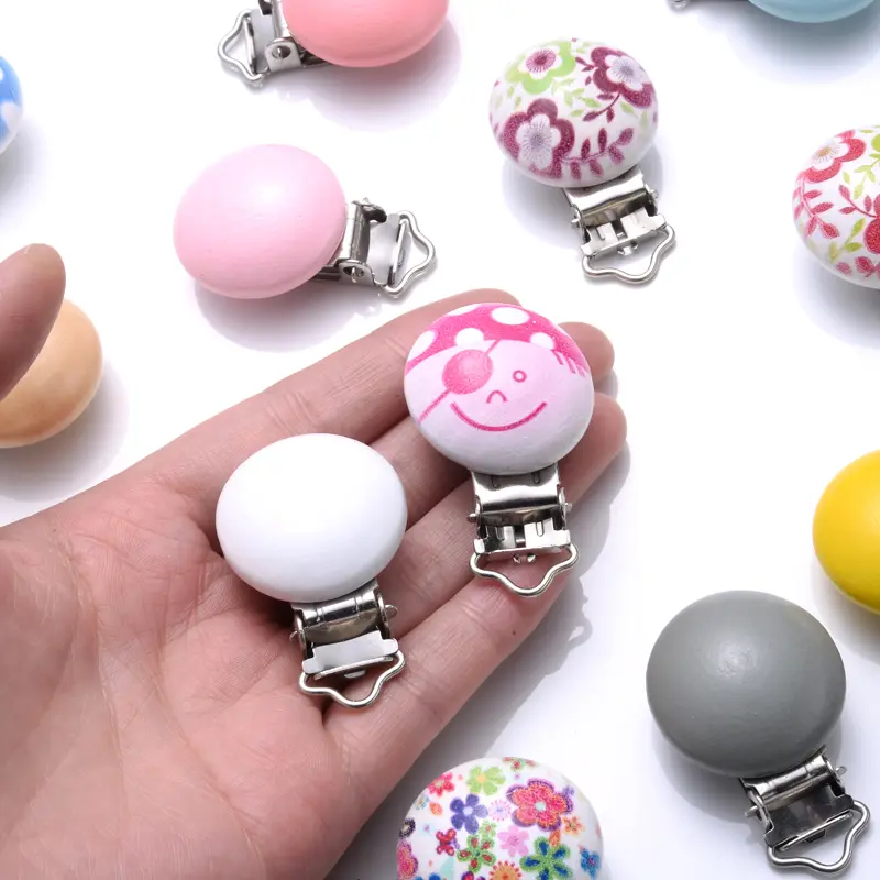 10pcs Wooden Pacifier Clip DIY Baby Pacifier Chain Care Toys Round Teething Clip Holder For Infant Nipple Chain Accessory Making