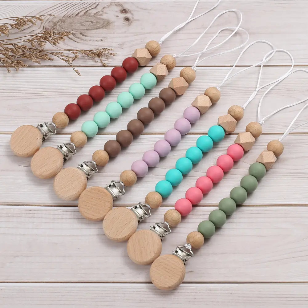 Baby Colorful Silicone Round Beaded Pacifier Chain Wooden Dummy Holder Clip For Infant Teether Nipple Chain Boy Girl Shower Gift