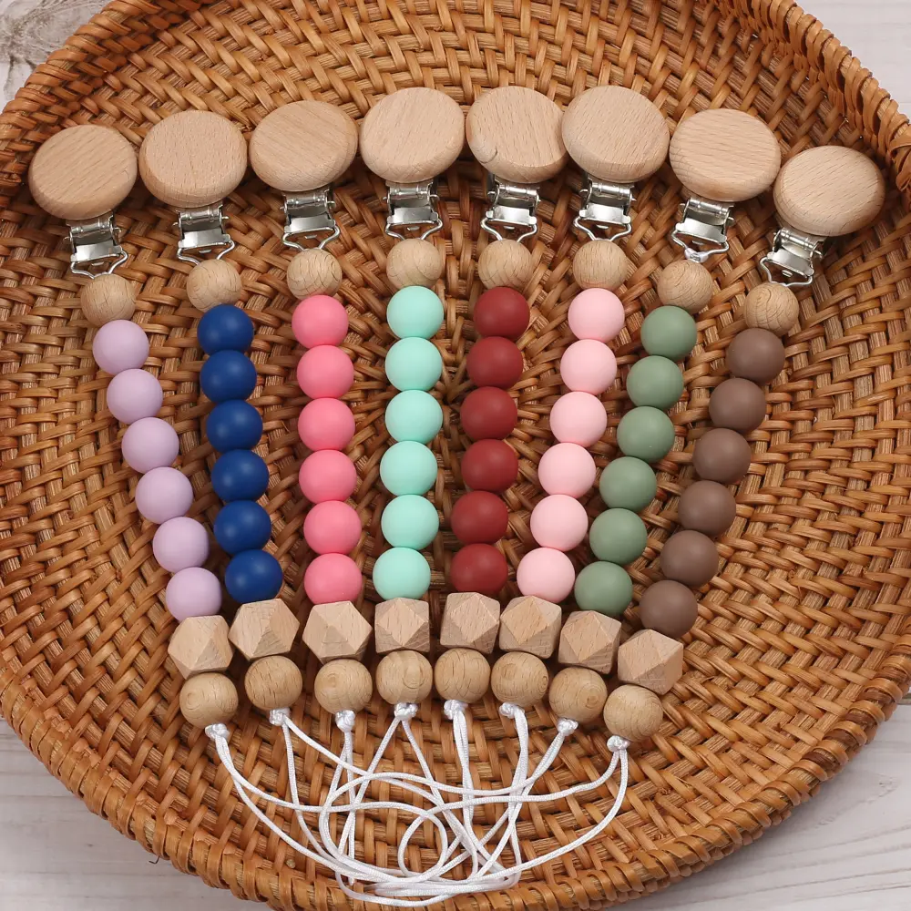 Baby Colorful Silicone Round Beaded Pacifier Chain Wooden Dummy Holder Clip For Infant Teether Nipple Chain Boy Girl Shower Gift