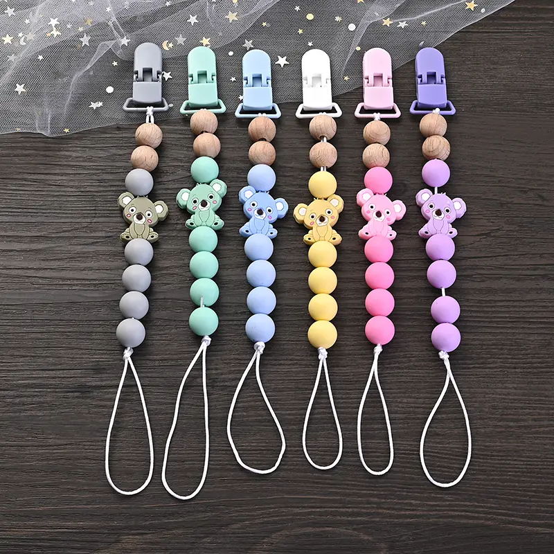 3Pcs Baby Pacifier Clips Holder Silicone Cartoon Animal Teething Chain Wood Teether For Baby Pacifier Chain Nursing Chew Toys