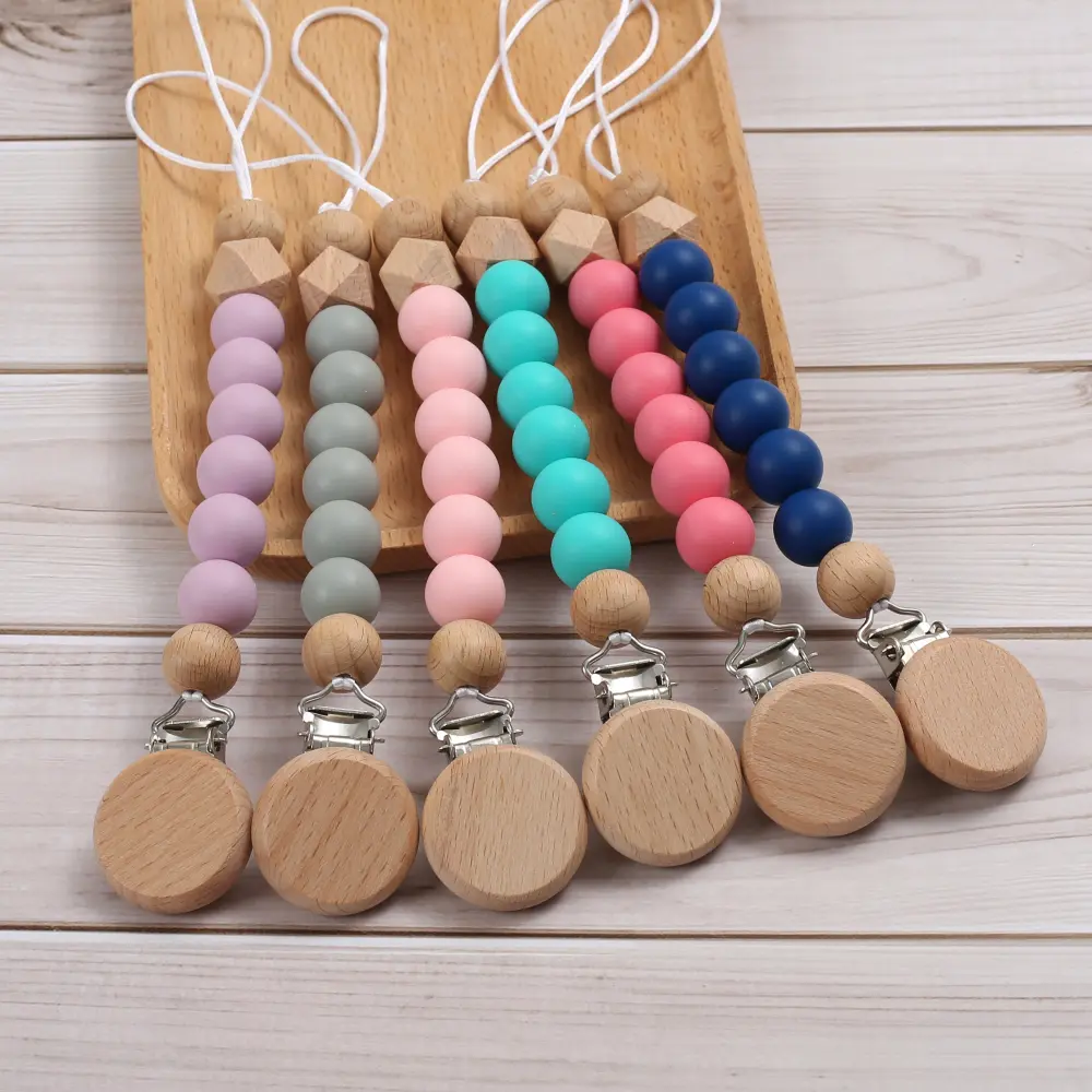 Baby Colorful Silicone Round Beaded Pacifier Chain Wooden Dummy Holder Clip For Infant Teether Nipple Chain Boy Girl Shower Gift