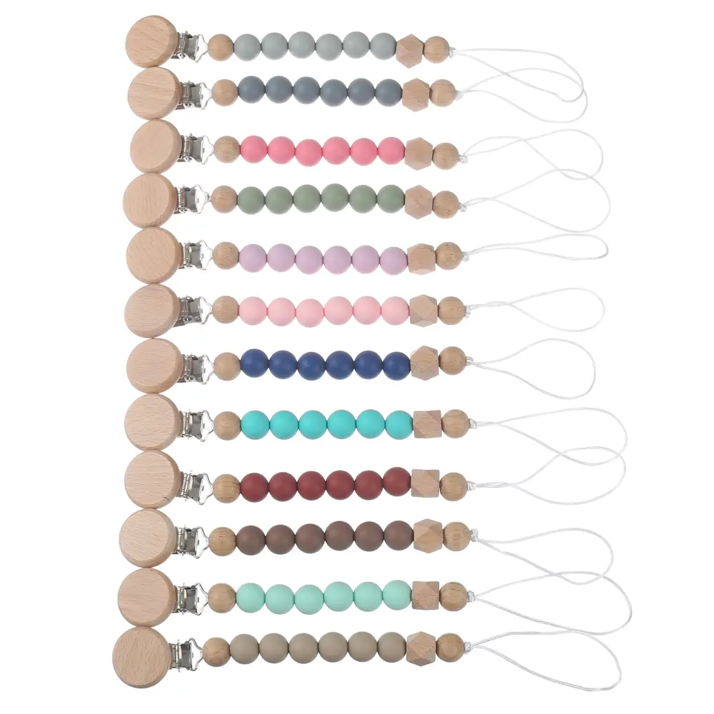 Baby Colorful Silicone Round Beaded Pacifier Chain Wooden Dummy Holder Clip For Infant Teether Nipple Chain Boy Girl Shower Gift