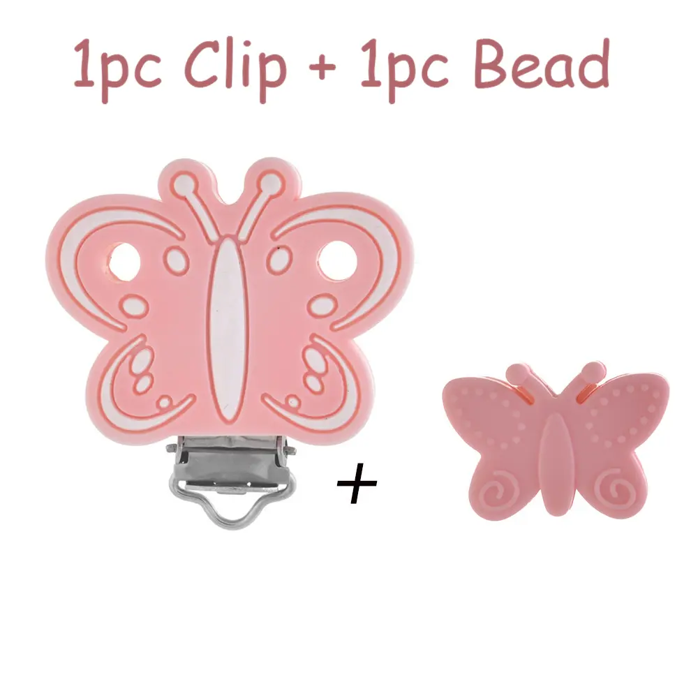 2Pcs Cartoon Butterfly Leaf Shape Silicone Beads Silicone Clips Set Food Grade BPA Free DIY Teether Pacifier Chain Accessories