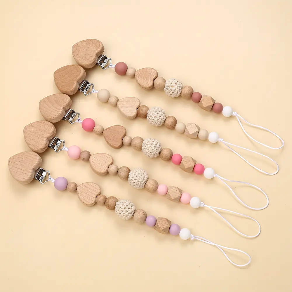 Beech Wood Customization Name Heart-Shaped Pacifier Clip Silicone Beads Rope Soothing Baby Teething Toy DIY Necklace Bracelet