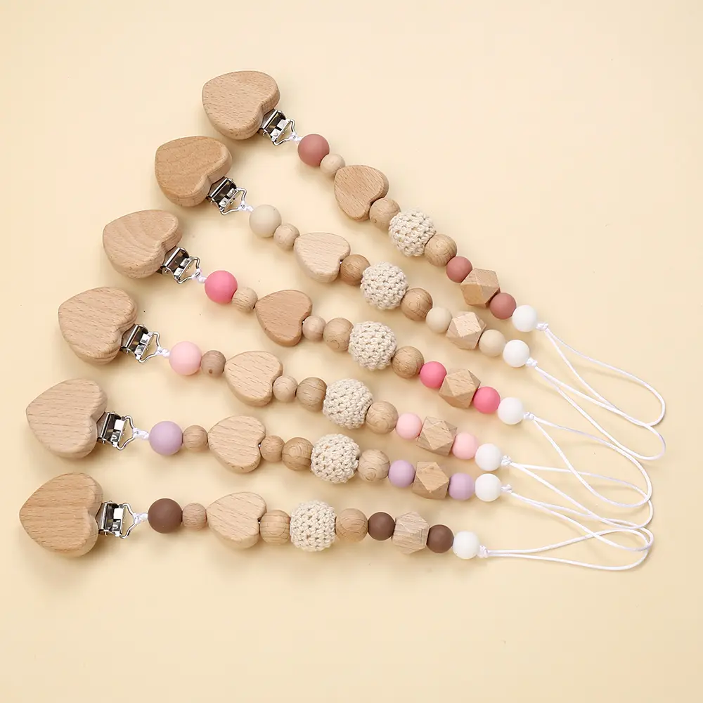 Beech Wood Customization Name Heart-Shaped Pacifier Clip Silicone Beads Rope Soothing Baby Teething Toy DIY Necklace Bracelet