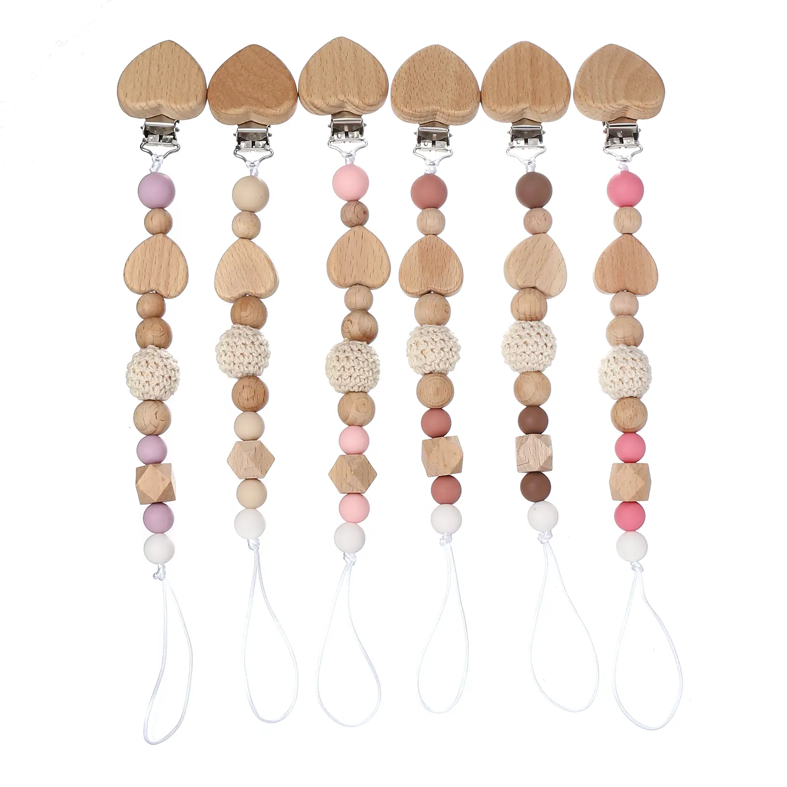 Beech Wood Customization Name Heart-Shaped Pacifier Clip Silicone Beads Rope Soothing Baby Teething Toy DIY Necklace Bracelet