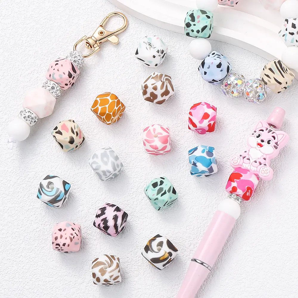 10Pcs New Silicone Beads Leopard Print Spots Style Focal Loose Beads Baby Nursing Chewable Teether DIY Necklace Accessories