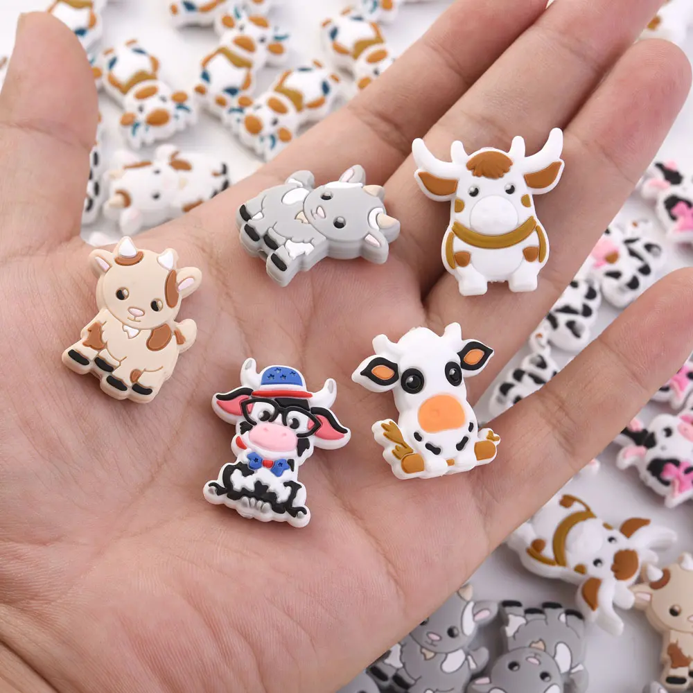10Pcs 28x29mm Cartoon Cute Cow Silicone Beads Suitable Baby Tether Chewing Nipple Clip Chain Accessories Silicone Beads BPA Free