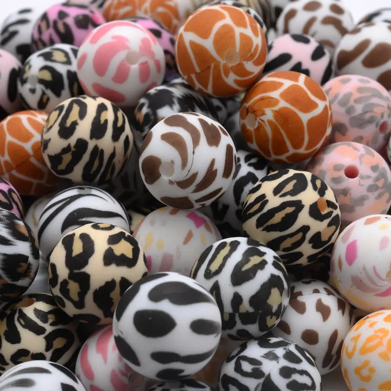10Pcs Colorful Leopard Pattern Teether Beads 15mm BPA Free Round Silicone Loose Beads For Pacifier Chain Making DIY Bracelet