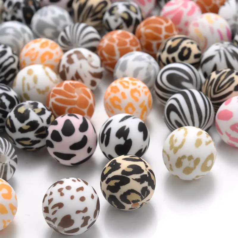 10Pcs Colorful Leopard Pattern Teether Beads 15mm BPA Free Round Silicone Loose Beads For Pacifier Chain Making DIY Bracelet
