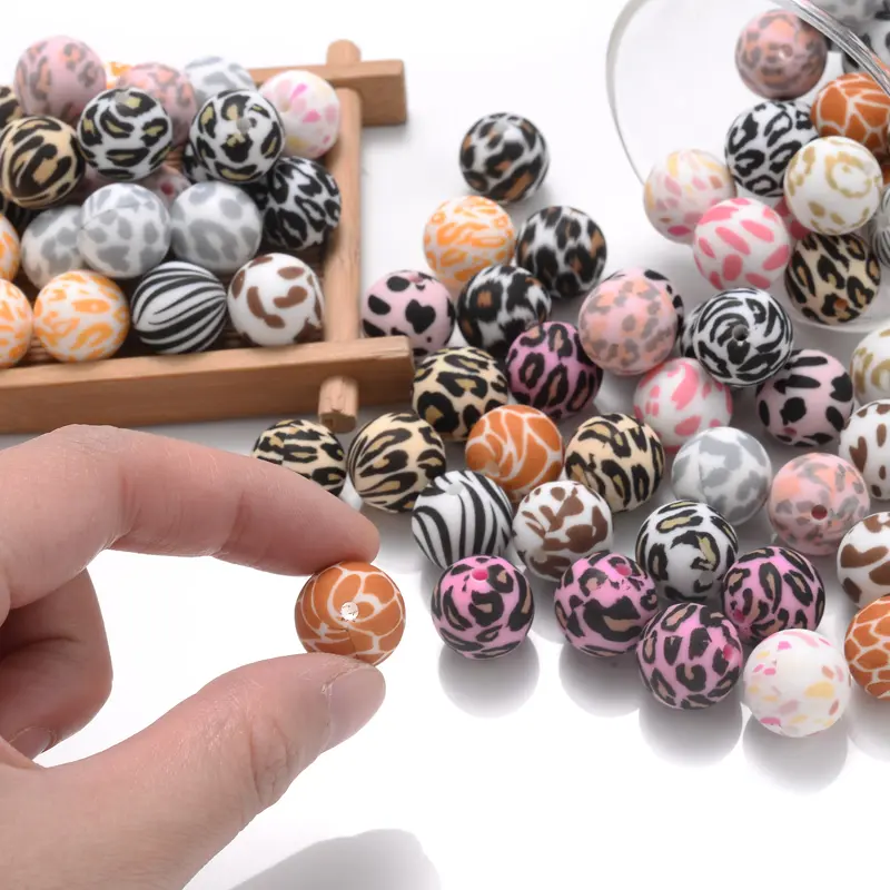 10Pcs Colorful Leopard Pattern Teether Beads 15mm BPA Free Round Silicone Loose Beads For Pacifier Chain Making DIY Bracelet