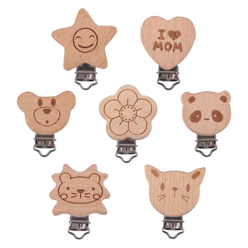 5Pcs/Lot Metal Wooden Pacifier Clip Soother Chewable Teething Food Grade Beech Soother Clasp Teether Nursing Accessories