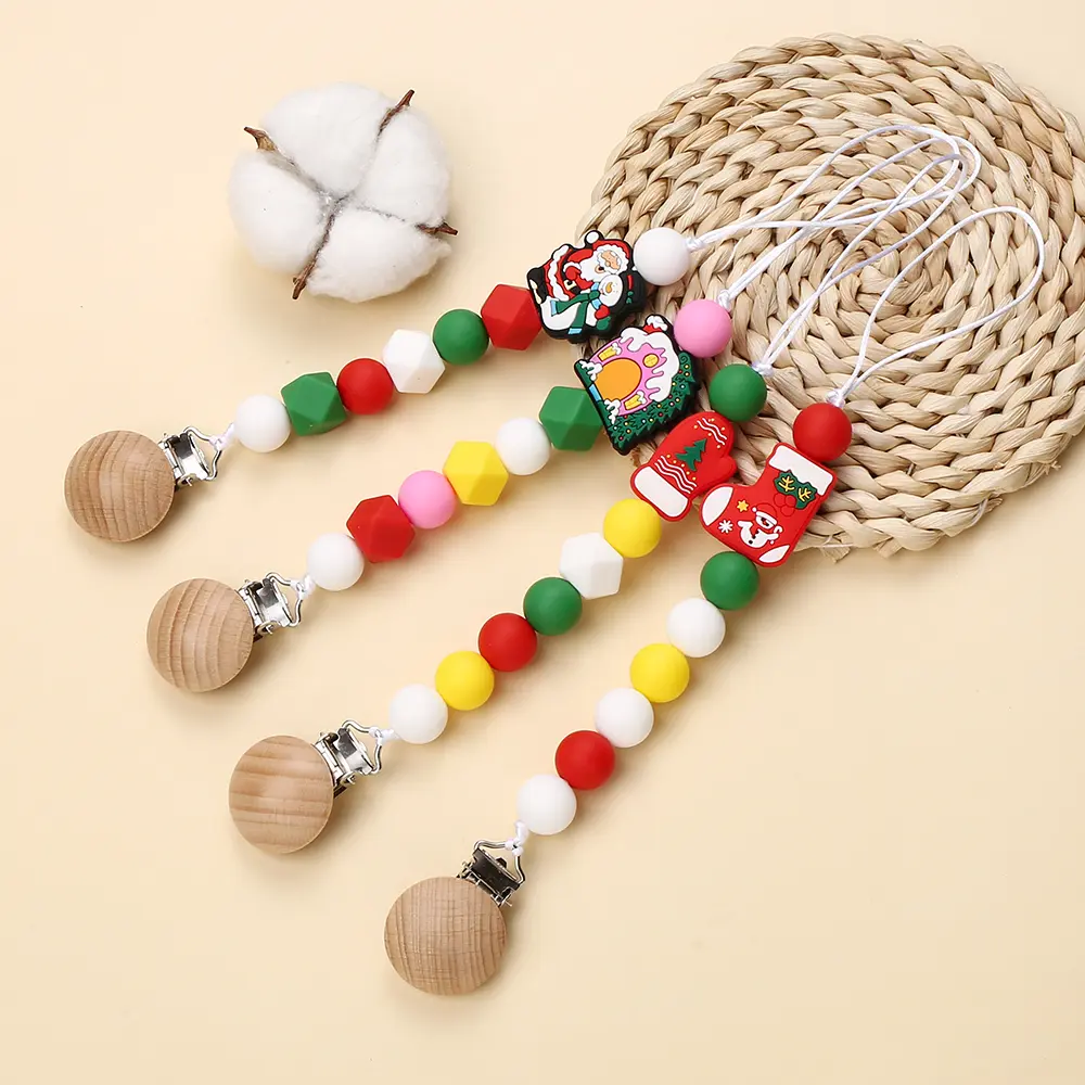 Silicone christmas Beads Pacifier Clips Wood Chew Dummy Chain Holder Infant Soother Chains Nipple Holder Baby Teething Toy Gifts
