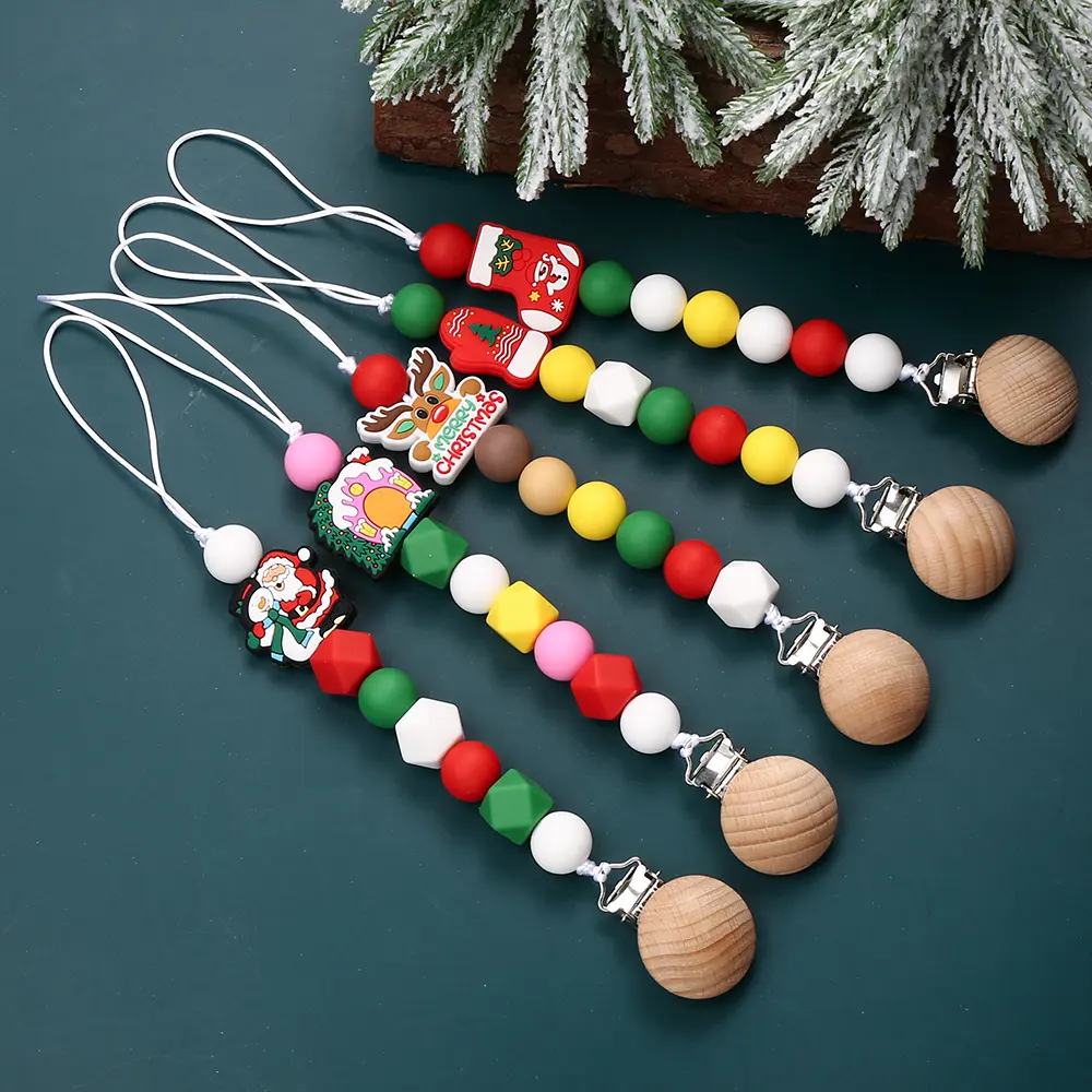 Silicone christmas Beads Pacifier Clips Wood Chew Dummy Chain Holder Infant Soother Chains Nipple Holder Baby Teething Toy Gifts