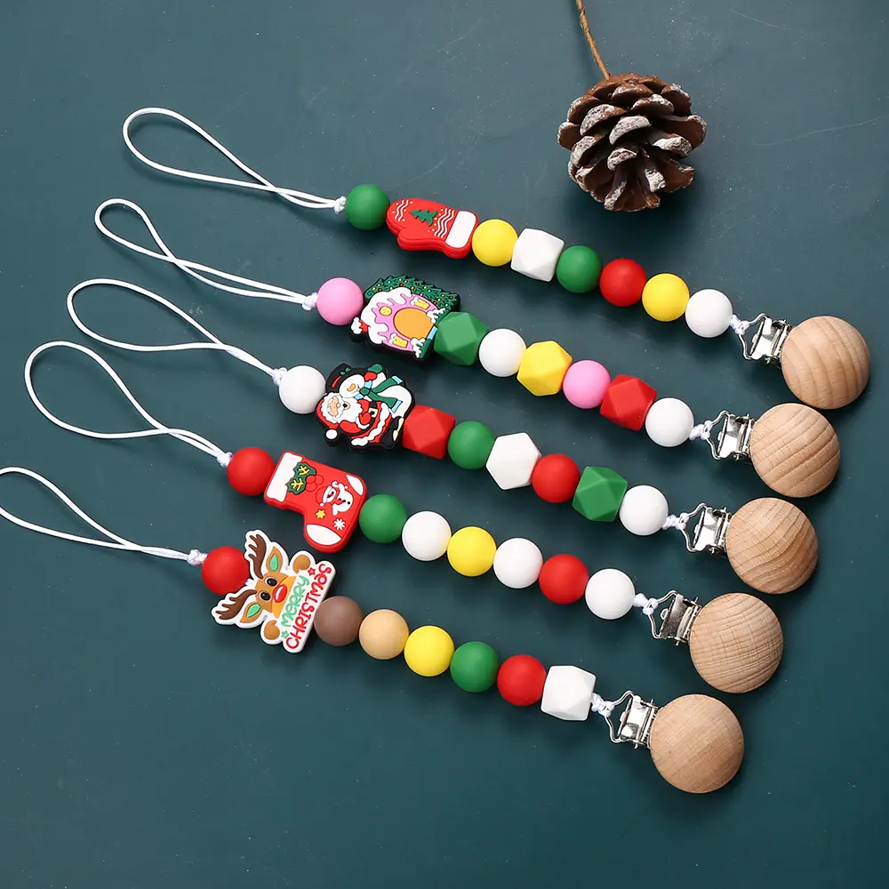 Silicone christmas Beads Pacifier Clips Wood Chew Dummy Chain Holder Infant Soother Chains Nipple Holder Baby Teething Toy Gifts