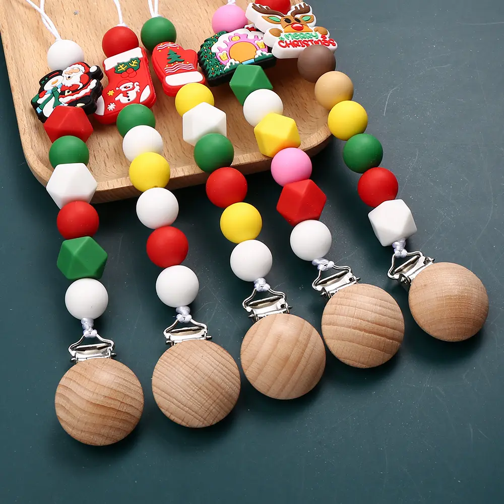 Silicone christmas Beads Pacifier Clips Wood Chew Dummy Chain Holder Infant Soother Chains Nipple Holder Baby Teething Toy Gifts