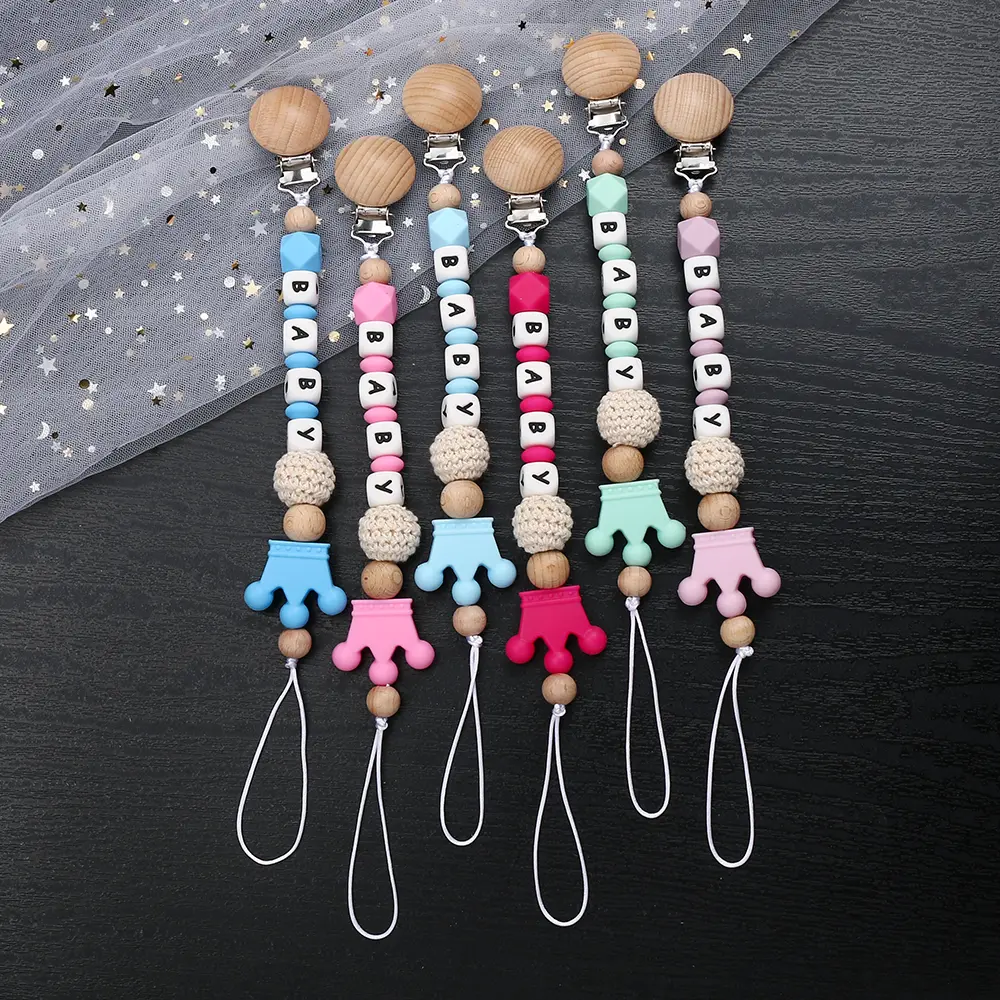 Custom Personalized Name Baby Pacifier Clip Wood Soother Chew Teether Toys Dummy Safe Crown Silicone Teether Pacifier Chain Gift