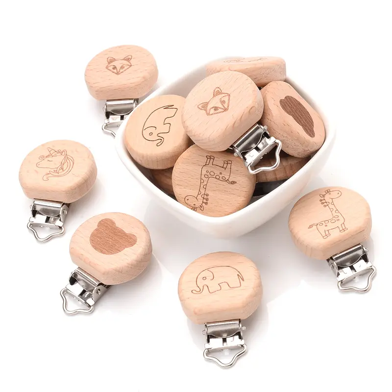 1Pcs 5 Lovely Style Beech Wooden Clip Cartoon Animal Pattern Sucker Pacifier Chain for Baby Teether Dummy Clip Accessories