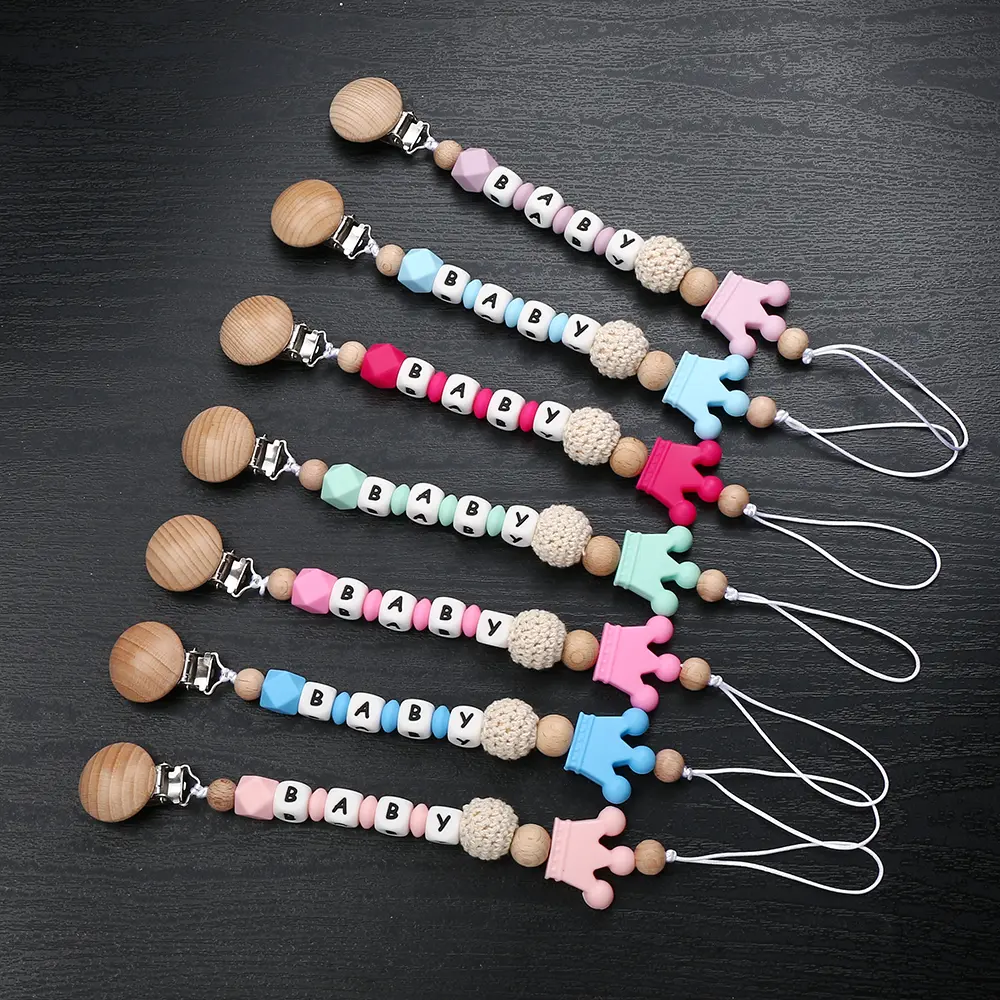Custom Personalized Name Baby Pacifier Clip Wood Soother Chew Teether Toys Dummy Safe Crown Silicone Teether Pacifier Chain Gift