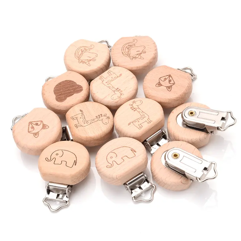 1Pcs 5 Lovely Style Beech Wooden Clip Cartoon Animal Pattern Sucker Pacifier Chain for Baby Teether Dummy Clip Accessories