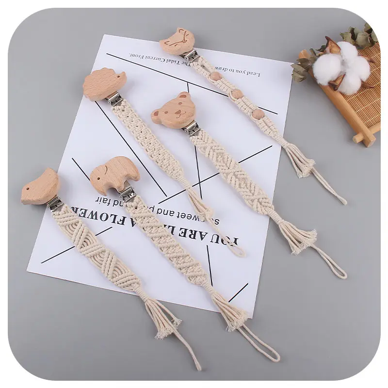 New Baby Handmade Weave Pacifier Chain Beech Wood Clips Cotton Nipple Holder for Baby Nursing Leash Strap Dummy Clips Accessory