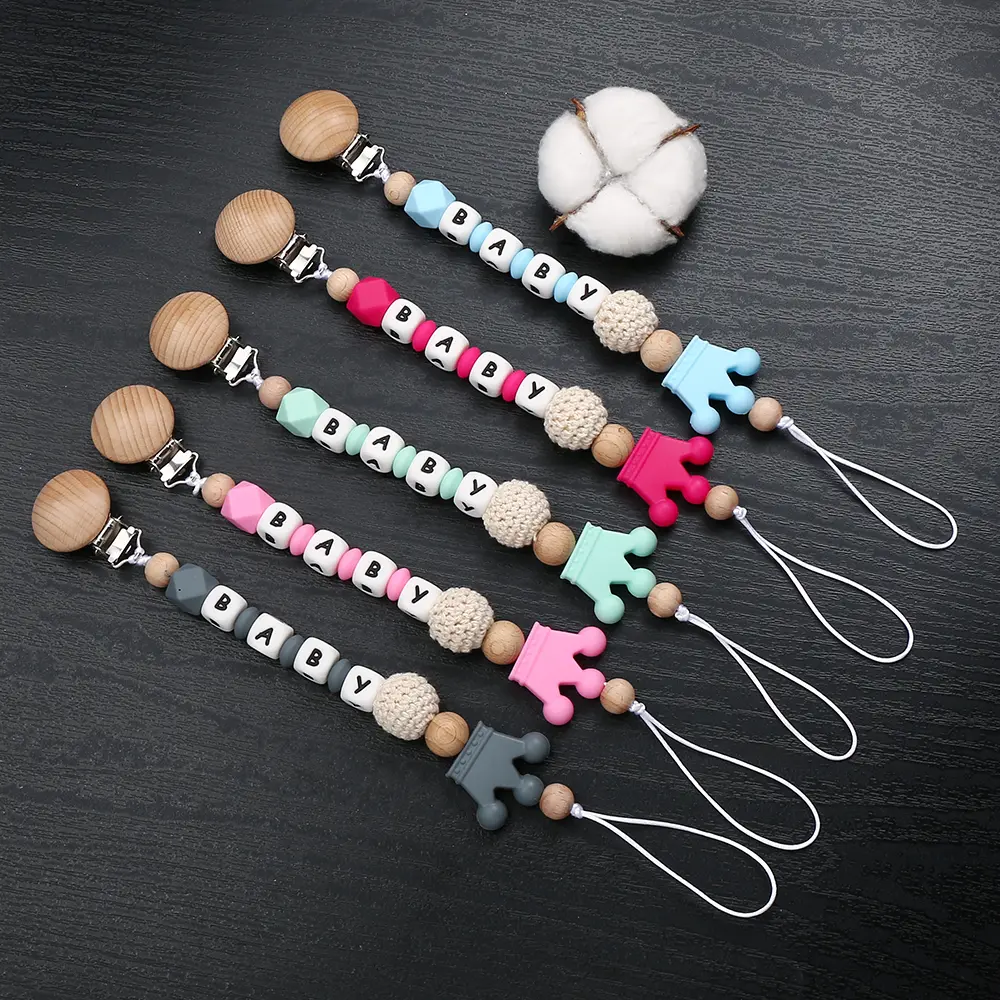 Custom Personalized Name Baby Pacifier Clip Wood Soother Chew Teether Toys Dummy Safe Crown Silicone Teether Pacifier Chain Gift