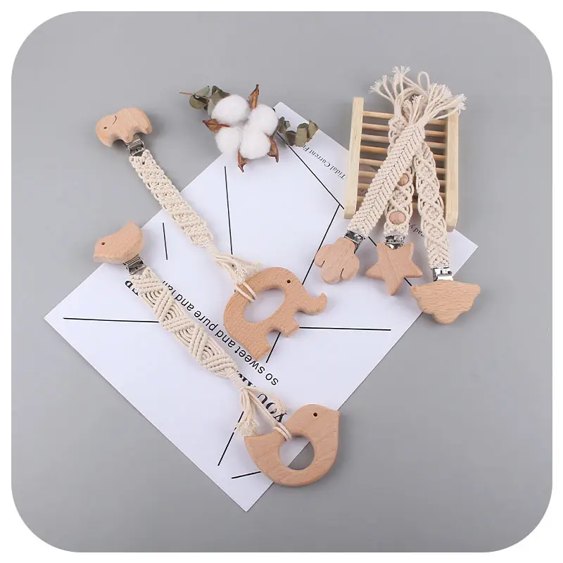 New Baby Handmade Weave Pacifier Chain Beech Wood Clips Cotton Nipple Holder for Baby Nursing Leash Strap Dummy Clips Accessory