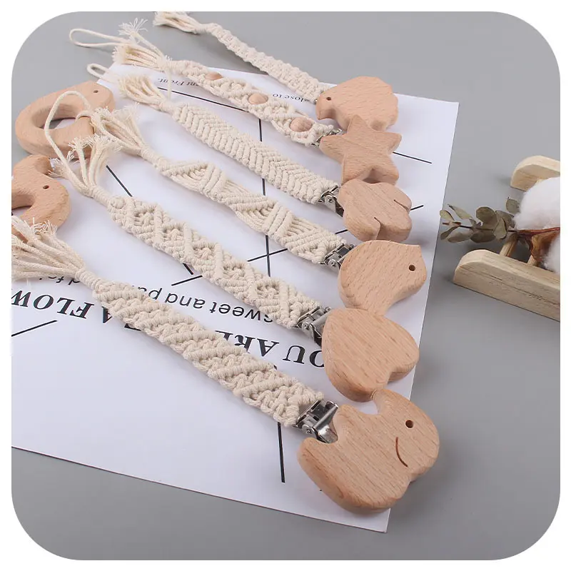 New Baby Handmade Weave Pacifier Chain Beech Wood Clips Cotton Nipple Holder for Baby Nursing Leash Strap Dummy Clips Accessory