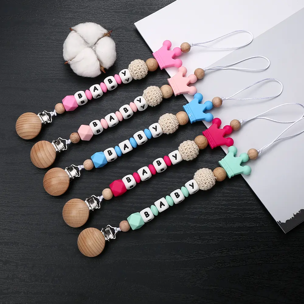 Custom Personalized Name Baby Pacifier Clip Wood Soother Chew Teether Toys Dummy Safe Crown Silicone Teether Pacifier Chain Gift
