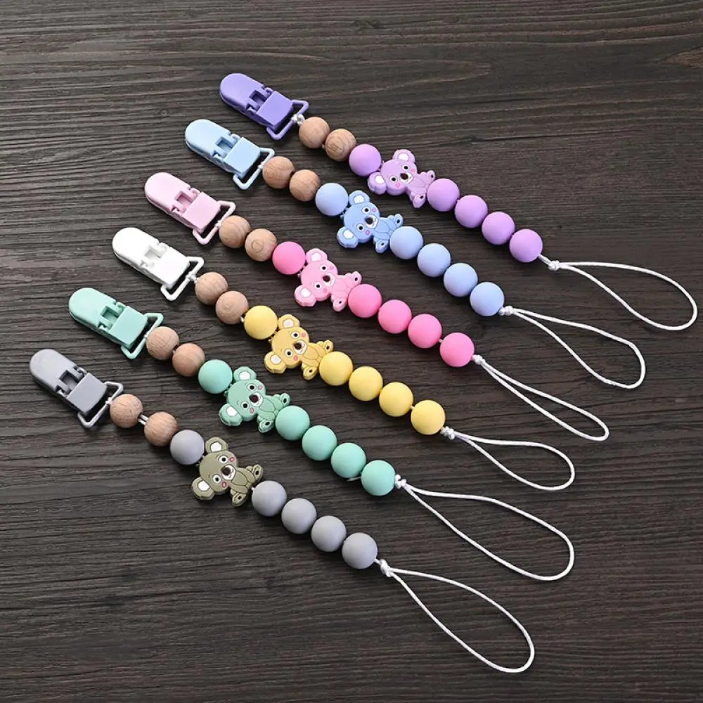 Wood Teether For Baby Pacifier Chain Nursing Chew Toys Gift Baby Pacifier Clips Holder Silicone Cartoon Animal Teething Chain